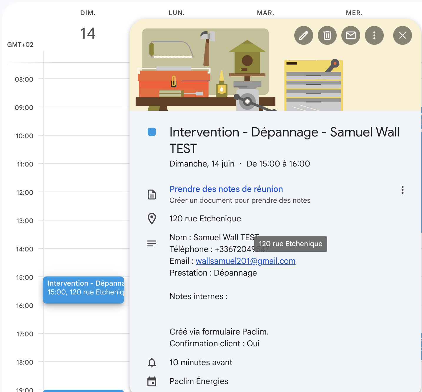 Rendez-vous Paclim créé dans Google Calendar, données anonymisées
